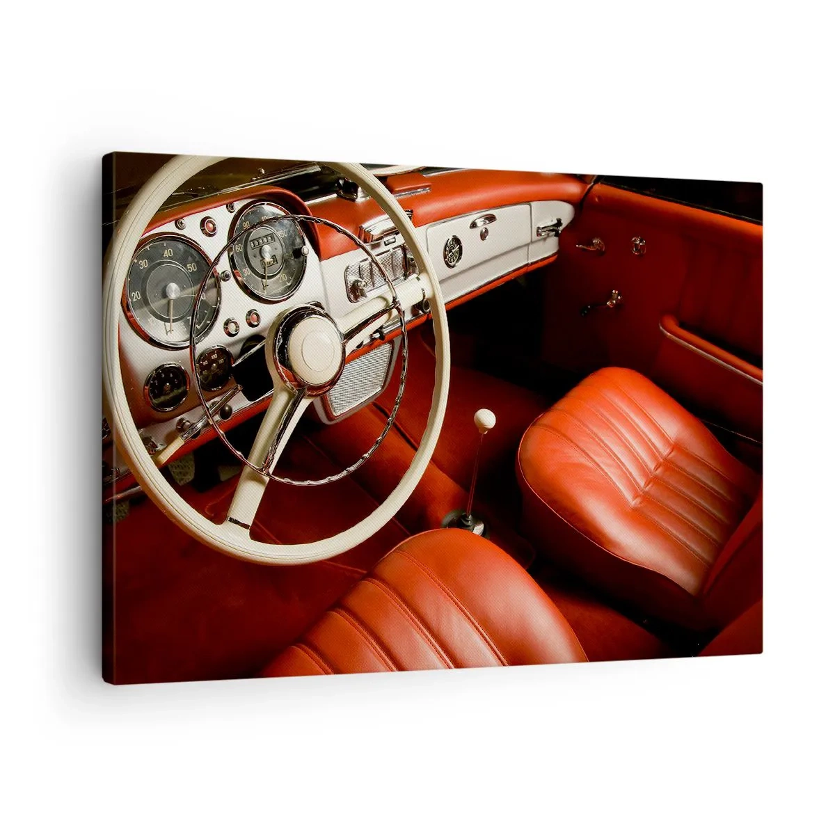 Bild auf Leinwand - Leinwandbild - Oldtimer-Innenraum mit roten Ledersitzen - 70x50cm - Luxus im Vintagestil - Moderne Wanddekoration für Wohnzimmer und Schlafzimmer ARTTOR