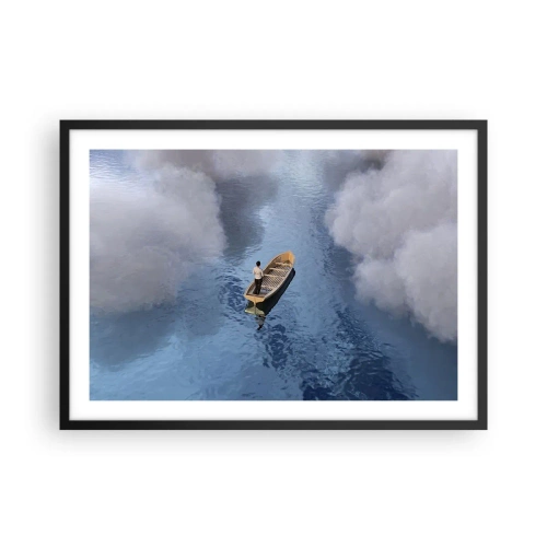 Poster in einem schwarzem Rahmen - Ein Mann in einem Boot auf einem ruhigen Meer, umgeben von Wolken - 70x50cm - Leben – Reise – unbekannt - Moderne Wanddekoration für Wohnzimmer und Schlafzimmer ARTTOR