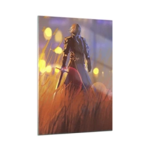 Glasbild - Bild auf glas - Eine Figur in Rüstung inmitten orangefarbenen Grases vor leuchtendem Hintergrund. - 50x70cm - Fahrender Ritter - Moderne Wanddekoration für Wohnzimmer und Schlafzimmer ARTTOR