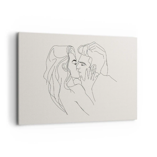 Bild auf Leinwand - Leinwandbild - Eine minimalistische Illustration eines Paares in einer liebevollen Umarmung - 100x70cm - Verstrickt im Gefühl - Moderne Wanddekoration für Wohnzimmer und Schlafzimmer ARTTOR