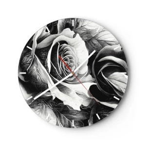 Wanduhr - Glasuhr - Schwarz-weißes Rosenkunstwerk im klassischen Zeichenstil - 30x30cm - Immer Königin - Moderne Wanddekoration für Wohnzimmer, Küche und Schlafzimmer ARTTOR