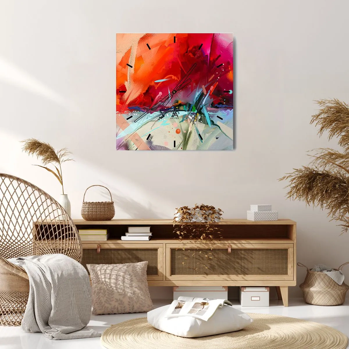 Wanduhr - Glasuhr - Abstrakte Landschaft in intensiven Farben - 30x30cm - Eine Explosion von Lichtern und Farben - Moderne Wanddekoration für Wohnzimmer und Schlafzimmer ARTTOR