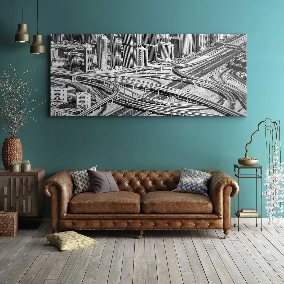 Bild auf Leinwand - Leinwandbild - Dubai aus der Vogelperspektive - 140x50cm - Dubai - die unmögliche Stadt - Moderne Wanddekoration für Wohnzimmer und Schlafzimmer ARTTOR