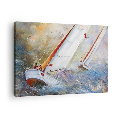 Bild auf Leinwand - Leinwandbild - Segelboote auf rauen Wellen in einer dynamischen Komposition - 70x50cm - Durch die Wellen laufend - Moderne Wanddekoration für Wohnzimmer und Schlafzimmer ARTTOR