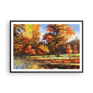 Poster in einem schwarzem Rahmen - Herbstlandschaft mit bunten Bäumen und einem Teich - 100x70cm - Landschaft in Gold und Bronze - Moderne Wanddekoration für Wohnzimmer und Schlafzimmer ARTTOR