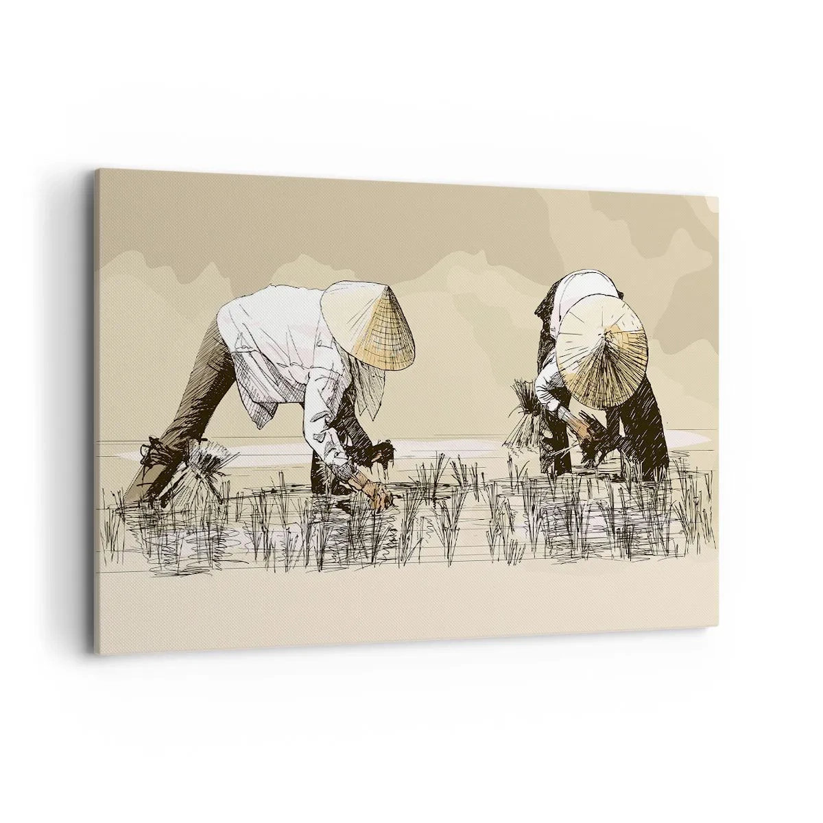 Bild auf Leinwand - Leinwandbild - Bauern bei der Arbeit auf einem Reisfeld mit traditioneller Kopfbedeckung - 120x80cm - Erfolgreiche Ernte - Moderne Wanddekoration für Wohnzimmer und Schlafzimmer ARTTOR