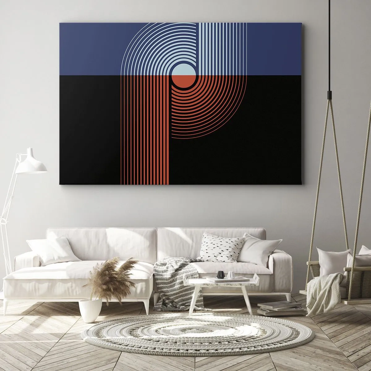 Bild auf Leinwand - Leinwandbild - Geometrische Abstraktion mit Linien in Marineblau und Orange. - 70x50cm - In einer geometrischen Umarmung - Moderne Wanddekoration für Wohnzimmer und Schlafzimmer ARTTOR