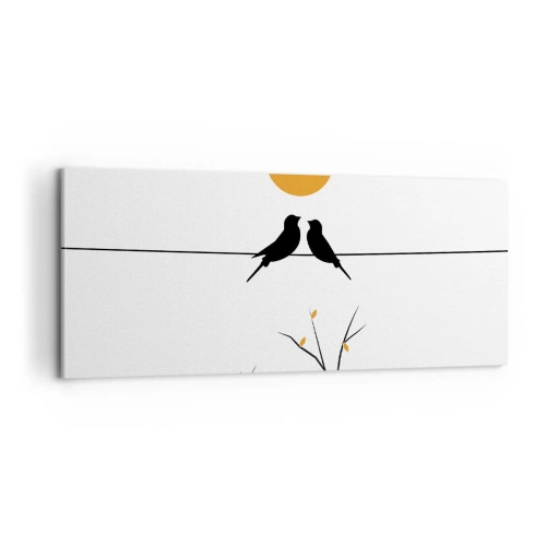 Bild auf Leinwand - Leinwandbild - Vögel auf einer Linie mit einer gelben Sonne - 120x50cm - Abend der Nachtigallen - Moderne Wanddekoration für Wohnzimmer und Schlafzimmer ARTTOR