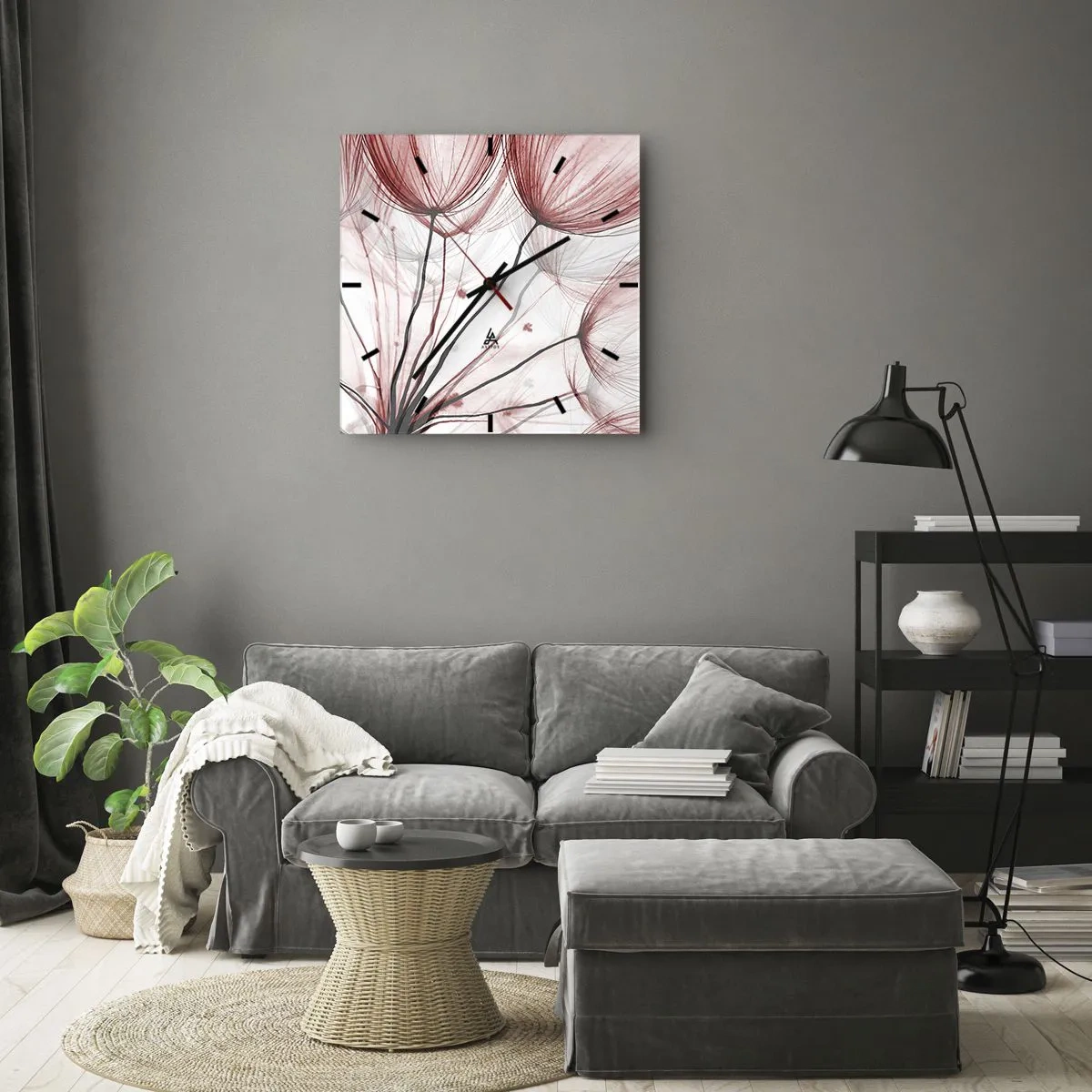 Wanduhr - Glasuhr - Zarte Blüten in Rottönen auf hellem Untergrund - 30x30cm - Vor der Abfahrt - Moderne Wanddekoration für Wohnzimmer und Schlafzimmer ARTTOR