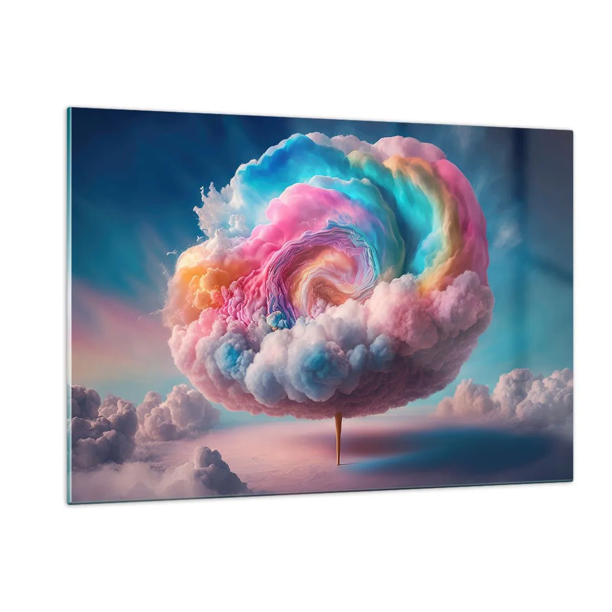 Glasbild - Bild auf glas - Eine fantasievolle Wolke in Pastellfarben, die an Zuckerwatte erinnert. - 120x80cm - Traum von einem Vergnügungspark - Moderne Wanddekoration für Wohnzimmer und Schlafzimmer ARTTOR