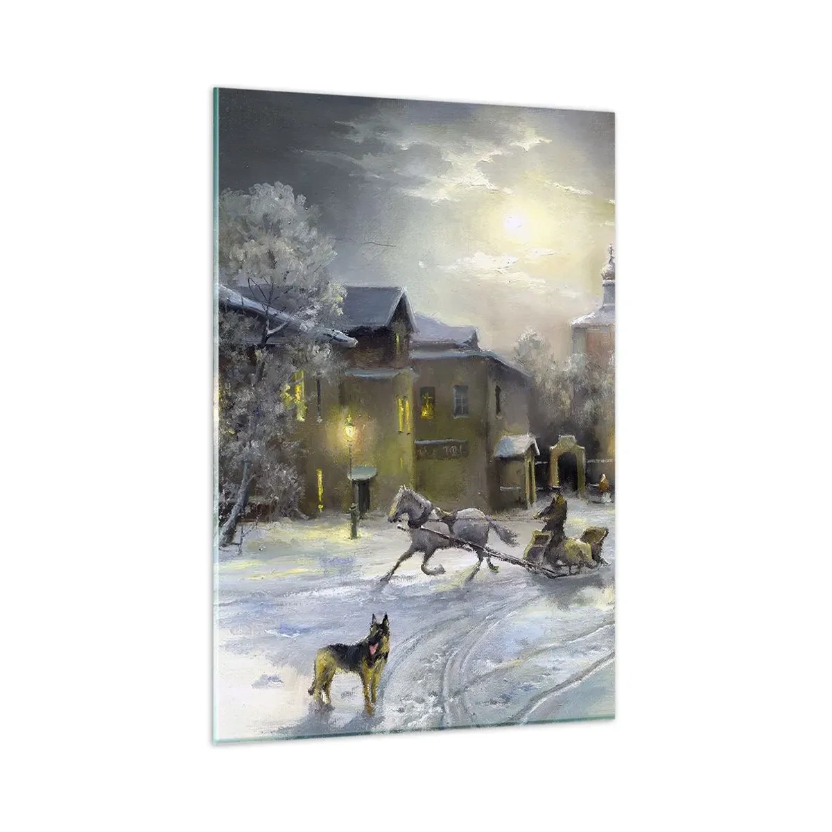 Glasbild - Bild auf glas - Winterlandschaft in einer russischen Stadt mit Schlitten und Kirche - 80x120cm - Die Magie des russischen Winters - Moderne Wanddekoration für Wohnzimmer und Schlafzimmer ARTTOR