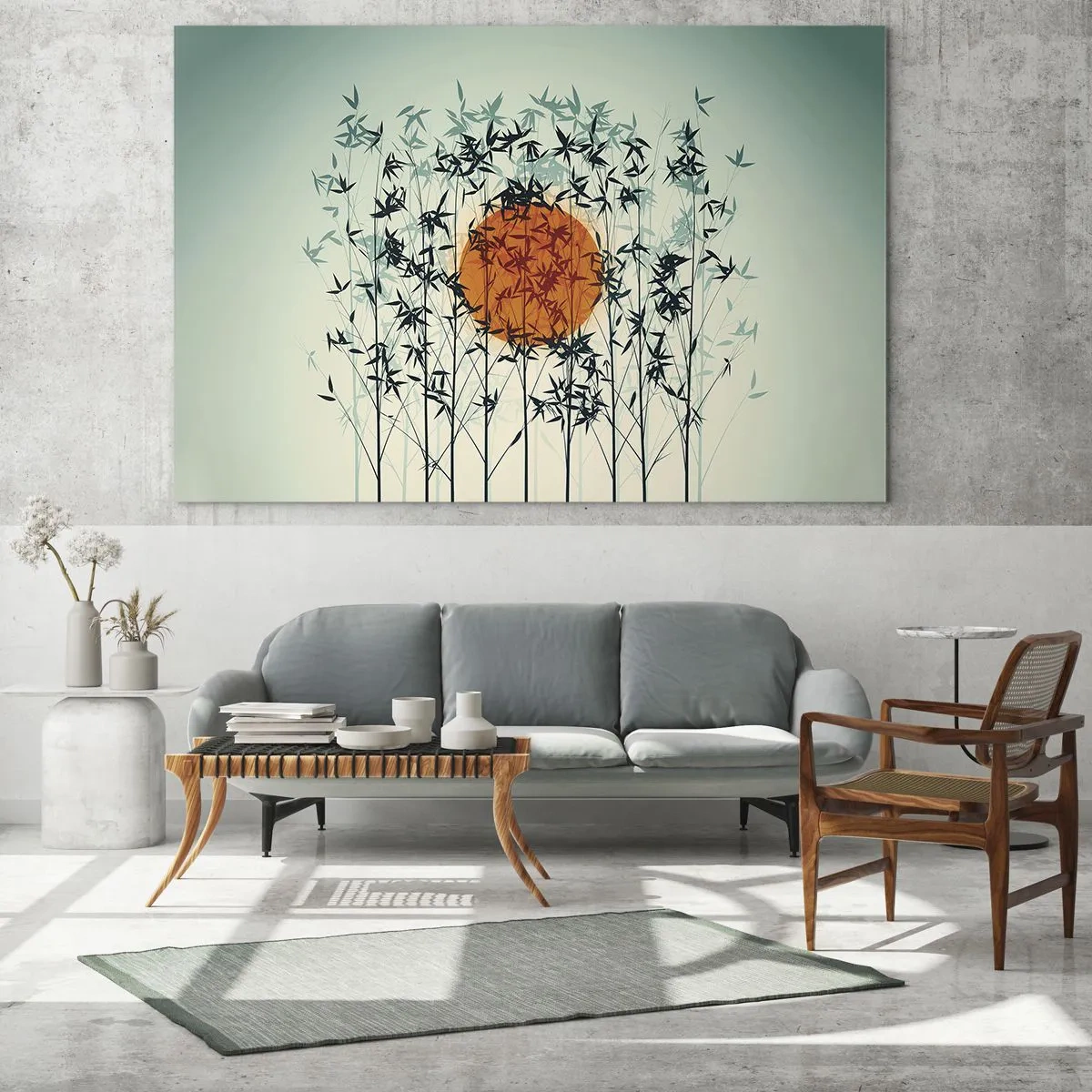 Glasbild - Bild auf glas - Rote Sonne zwischen zarten Bambusblättern - 70x50cm - Japanische Sonne - Moderne Wanddekoration für Wohnzimmer und Schlafzimmer ARTTOR