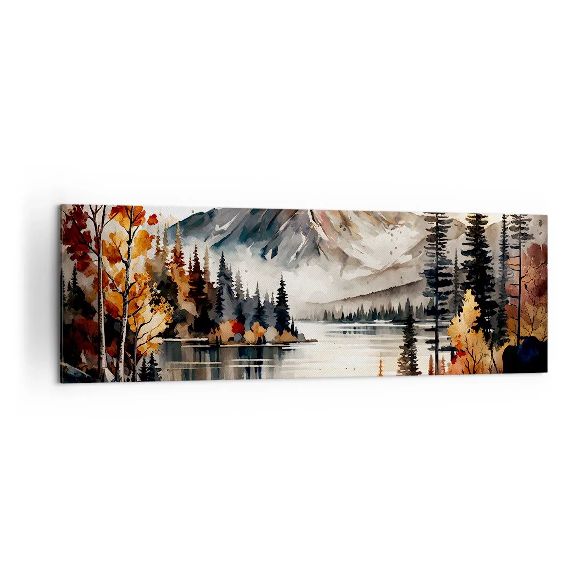 Bild auf Leinwand - Leinwandbild - Herbstliche Berglandschaft mit See und Bäumen in Aquarell - 160x50cm - Goldener Herbst in den Bergen - Moderne Wanddekoration für Wohnzimmer und Schlafzimmer ARTTOR