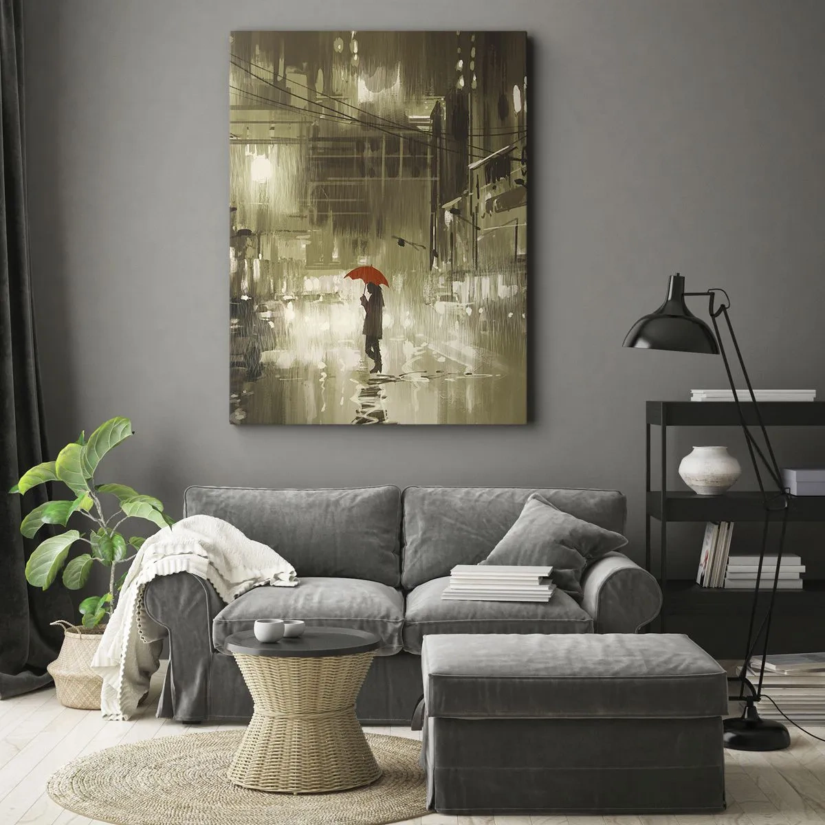 Bild auf Leinwand - Leinwandbild - Eine Figur mit einem roten Regenschirm in einer verregneten Stadt - 80x120cm - Allein aber nicht einsam - Moderne Wanddekoration für Wohnzimmer und Schlafzimmer ARTTOR