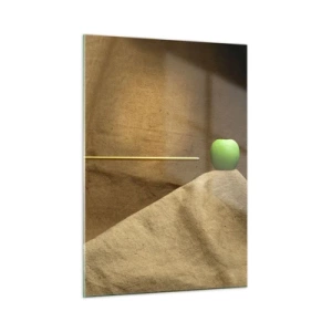 Glasbild - Bild auf glas - Ein grüner Apfel auf beigem Hintergrund, der von einem Pfeil durchbohrt wird. - 50x70cm - Beschwöre den Geist von Wilhelm Tell - Moderne Wanddekoration für Wohnzimmer und Schlafzimmer ARTTOR