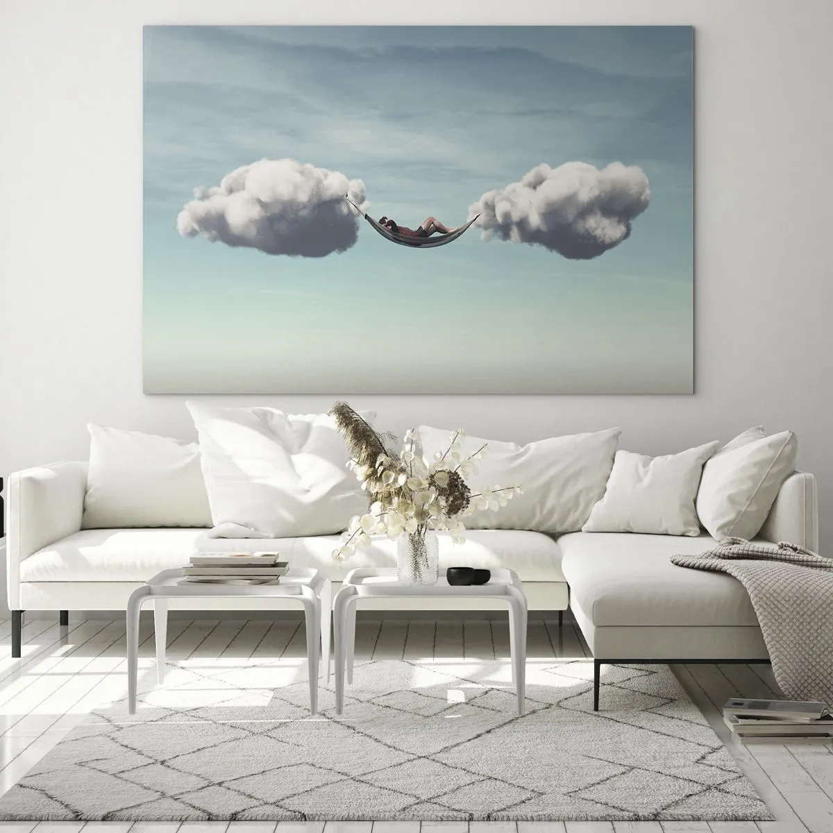 Glasbild - Bild auf glas - Wolkenhängematten in einem blauen Himmel - 100x70cm - Die Behaglichkeit des Augenblicks - Moderne Wanddekoration für Wohnzimmer und Schlafzimmer ARTTOR