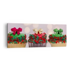 Bild auf Leinwand - Leinwandbild - Weihnachts-Cupcakes mit bunten Streuseln und Schleifen - 140x50cm - Süßigkeiten bis zu der Schleife - Moderne Wanddekoration für Wohnzimmer und Schlafzimmer ARTTOR