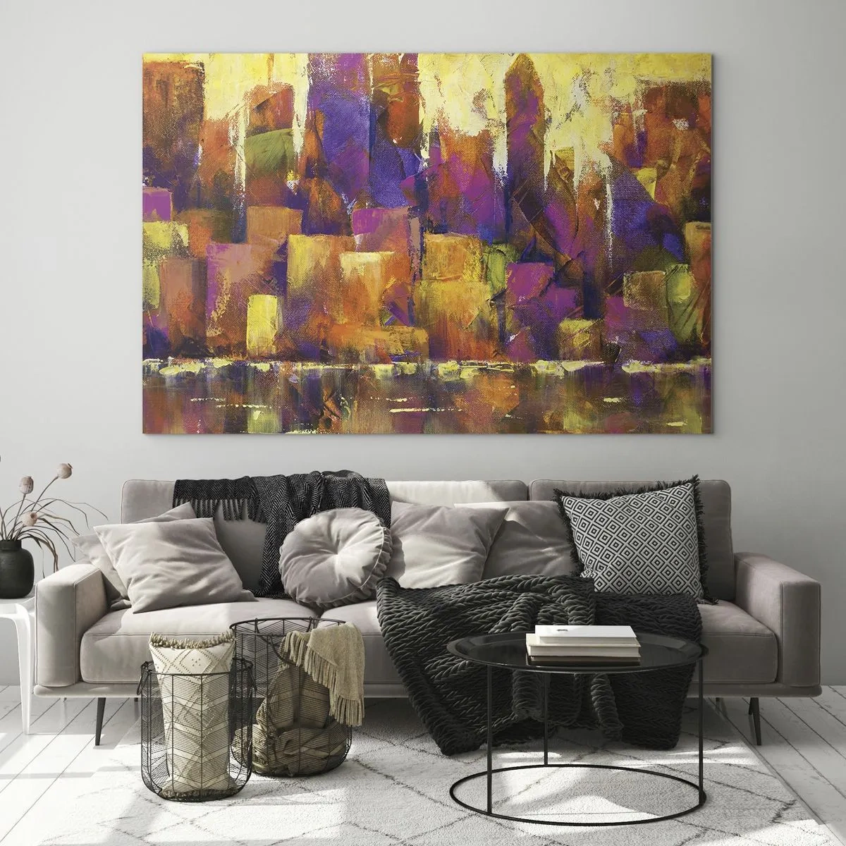 Glasbild - Bild auf glas - Eine abstrakte Metropole in warmen Farben mit violetten Akzenten. - 100x70cm - Metropolitische Komposition - Moderne Wanddekoration für Wohnzimmer und Schlafzimmer ARTTOR
