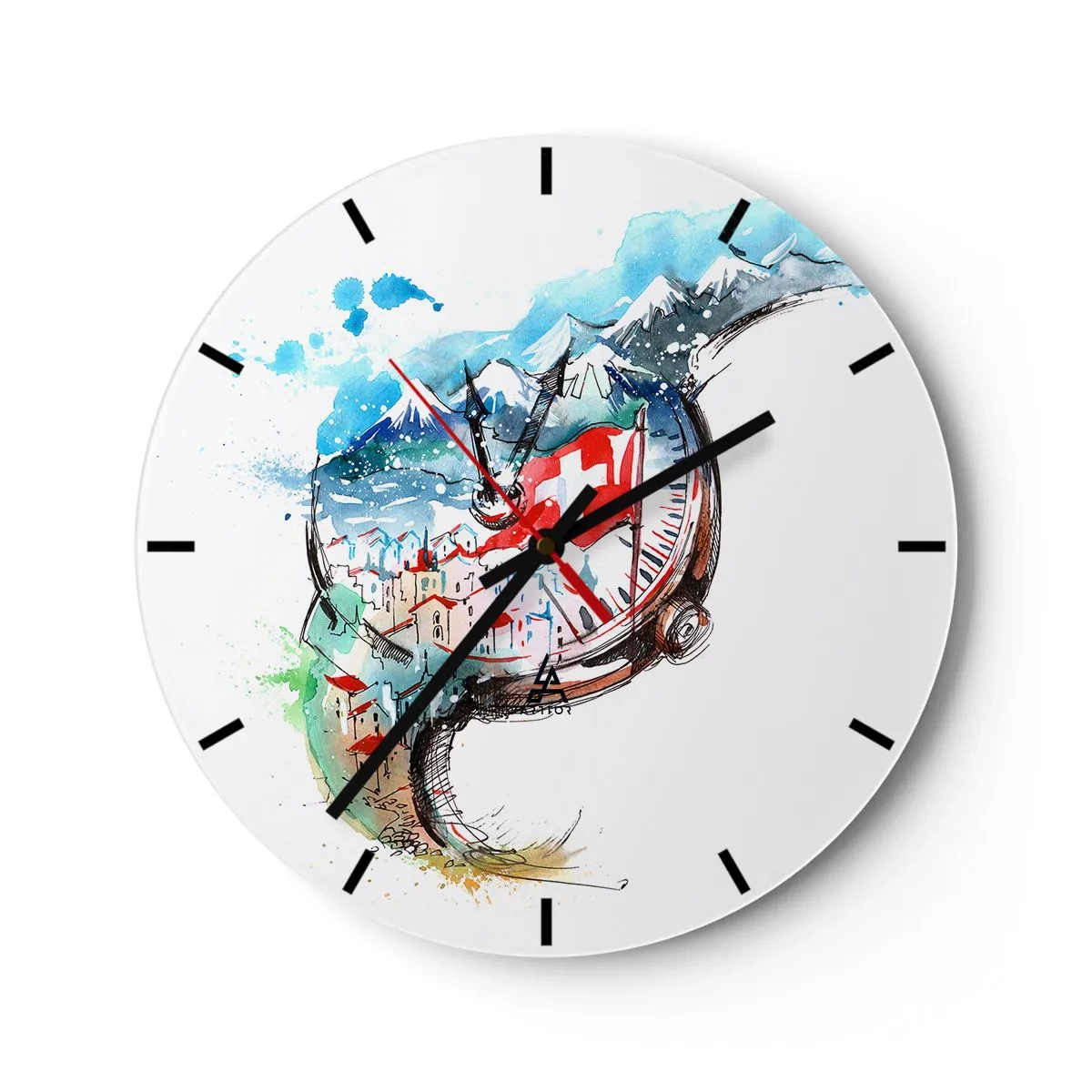 Wanduhr - Glasuhr - Schweizer Landschaft mit Bergen, Flagge und malerischen Häusern im Aquarellstil - 30x30cm - Der Geist der Schweiz - Moderne Wanddekoration für Wohnzimmer, Küche und Schlafzimmer ARTTOR
