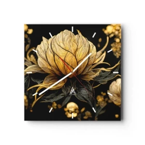 Wanduhr - Glasuhr - Goldene Blume auf dunklem Hintergrund - 30x30cm - Subtile Zerbrechlichkeit - Moderne Wanddekoration für Wohnzimmer und Schlafzimmer ARTTOR