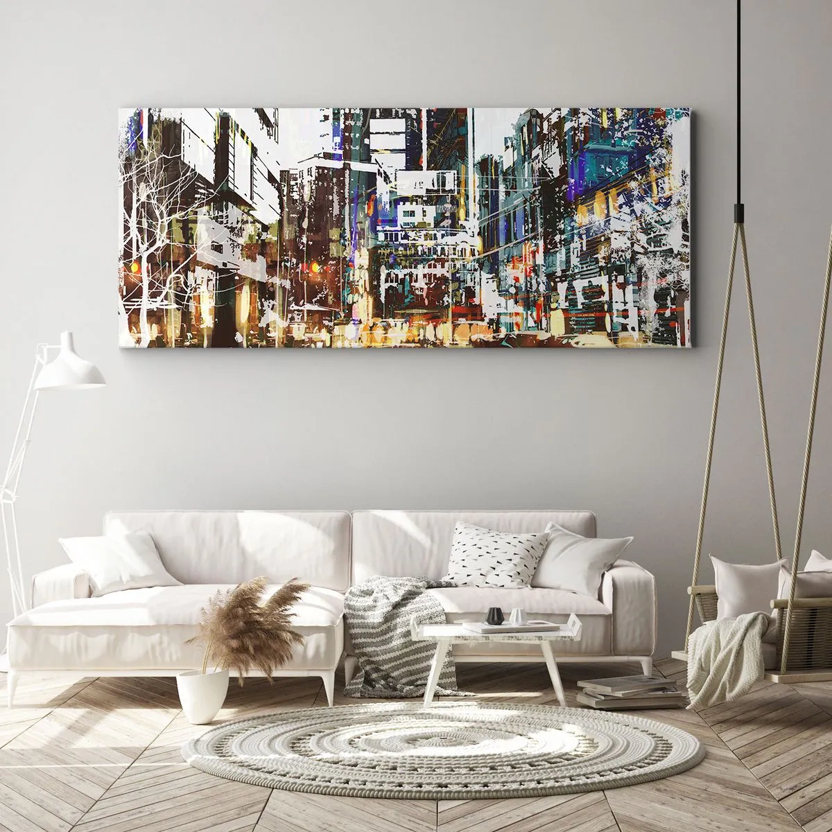 Bild auf Leinwand - Leinwandbild - Eine moderne Stadtlandschaft im künstlerischen Stil - 160x50cm - Eine schillernde Stadt - Moderne Wanddekoration für Wohnzimmer und Schlafzimmer ARTTOR
