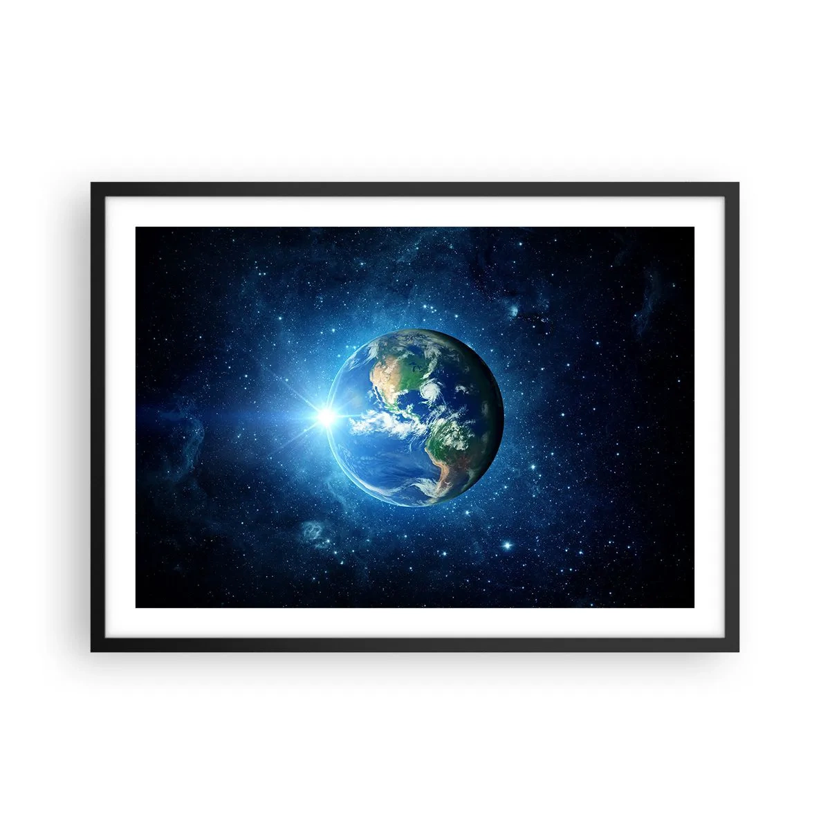 Poster in einem schwarzem Rahmen - Erde im Weltraum, umgeben von Sternen und Licht - 70x50cm - Wir sind im Himmel - Moderne Wanddekoration für Wohnzimmer und Schlafzimmer ARTTOR