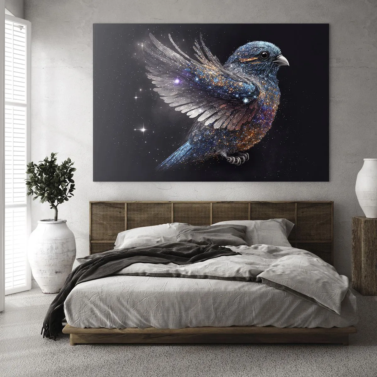 Glasbild - Bild auf glas - Space Sparrow mit Diamantglitter - 70x50cm - Diamantsperling - Moderne Wanddekoration für Wohnzimmer und Schlafzimmer ARTTOR