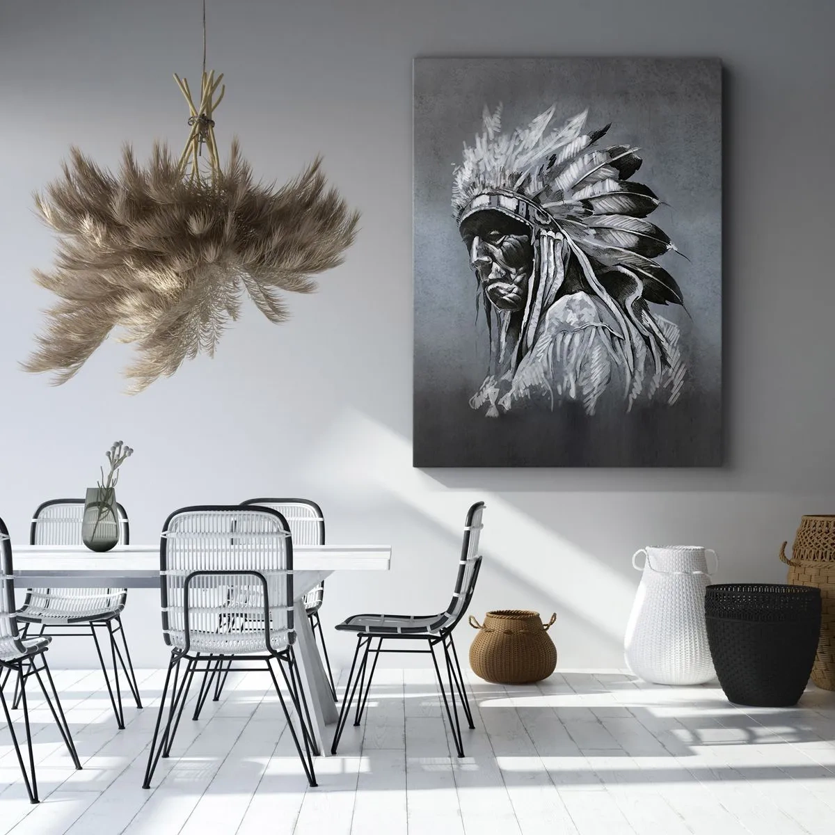 Bild auf Leinwand - Leinwandbild - Porträt eines Indianerhäuptlings mit traditioneller Kopfbedeckung - 70x100cm - Zurück zu den Wurzeln - Moderne Wanddekoration für Wohnzimmer und Schlafzimmer ARTTOR