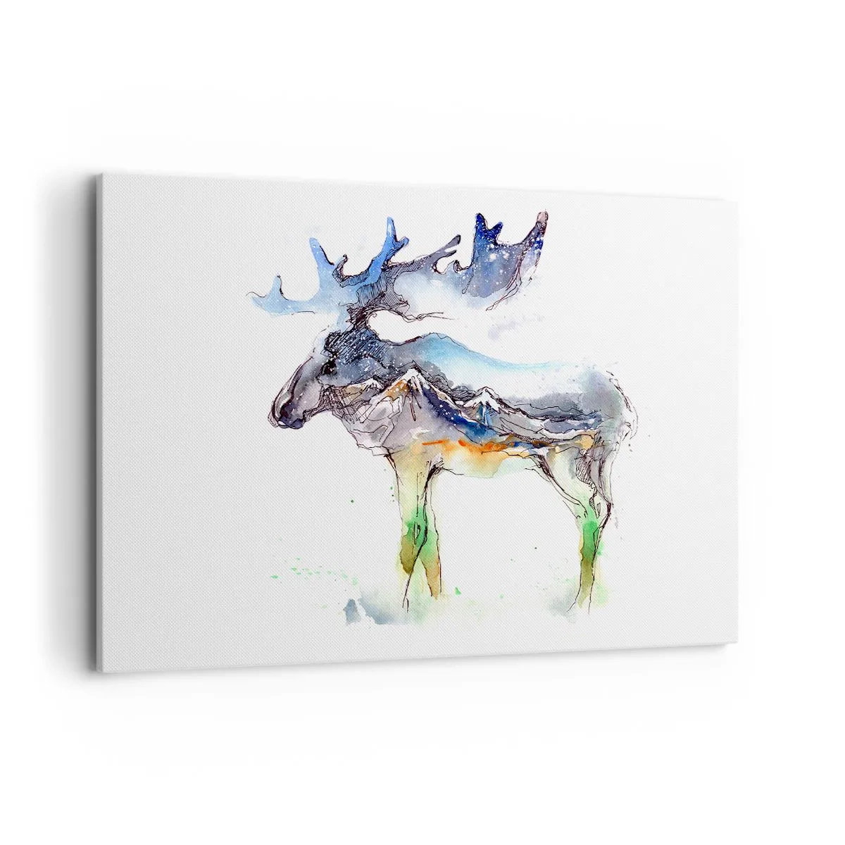 Bild auf Leinwand - Leinwandbild - Aquarell-Silhouette eines Elches mit Berglandschaft - 120x80cm - Der Held eines Wintermärchens - Moderne Wanddekoration für Wohnzimmer und Schlafzimmer ARTTOR