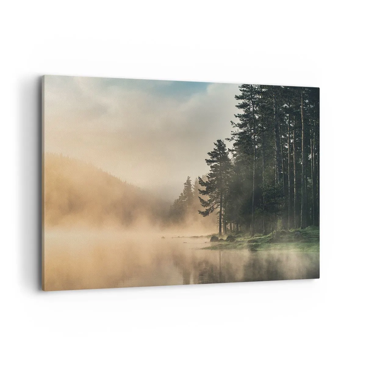 Bild auf Leinwand - Leinwandbild - Ein nebliger Wald über einem ruhigen See - 120x80cm - Die Geburt des Tages - Moderne Wanddekoration für Wohnzimmer und Schlafzimmer ARTTOR