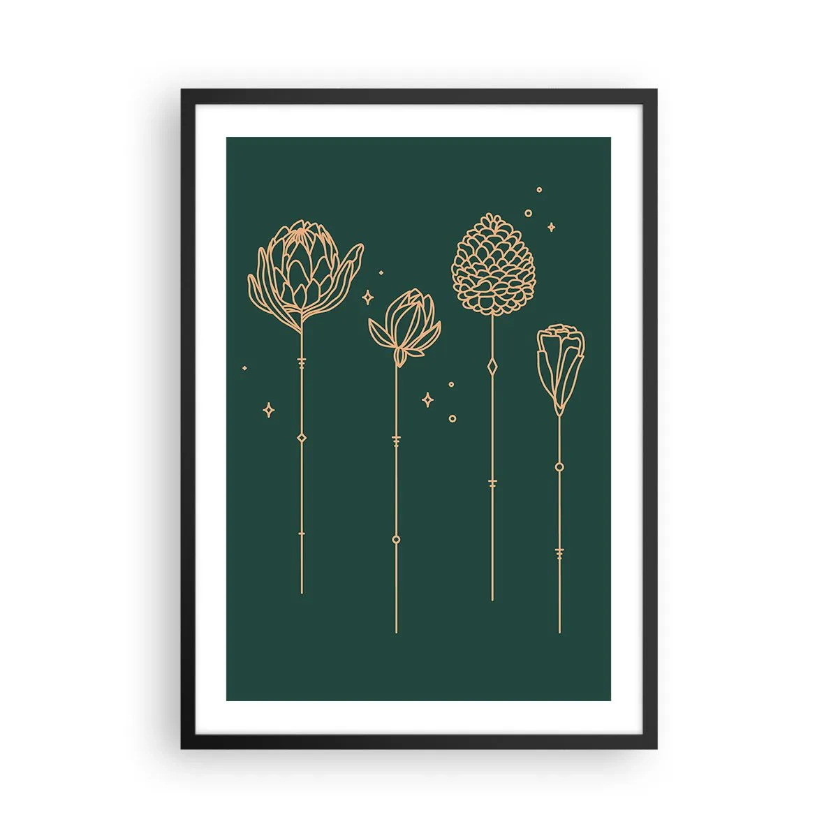 Poster in einem schwarzem Rahmen - Goldene Umrisse von Blumen auf dunkelgrünem Hintergrund - 50x70cm - Familie ZIÓŁkowski - Moderne Wanddekoration für Wohnzimmer und Schlafzimmer ARTTOR