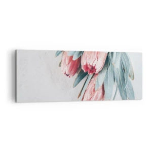 Bild auf Leinwand - Leinwandbild - Dezente rosa Protea-Blüten auf hellem Hintergrund - 140x50cm - Schämen sich für ihre eigene Schönheit - Moderne Wanddekoration für Wohnzimmer und Schlafzimmer ARTTOR