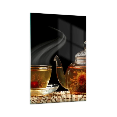 Glasbild - Bild auf glas - Glasteekanne mit Blumentee und einer Tasse - 70x100cm - Die Magie und Kunst des Teezubereitens - Moderne Wanddekoration für Wohnzimmer und Schlafzimmer ARTTOR