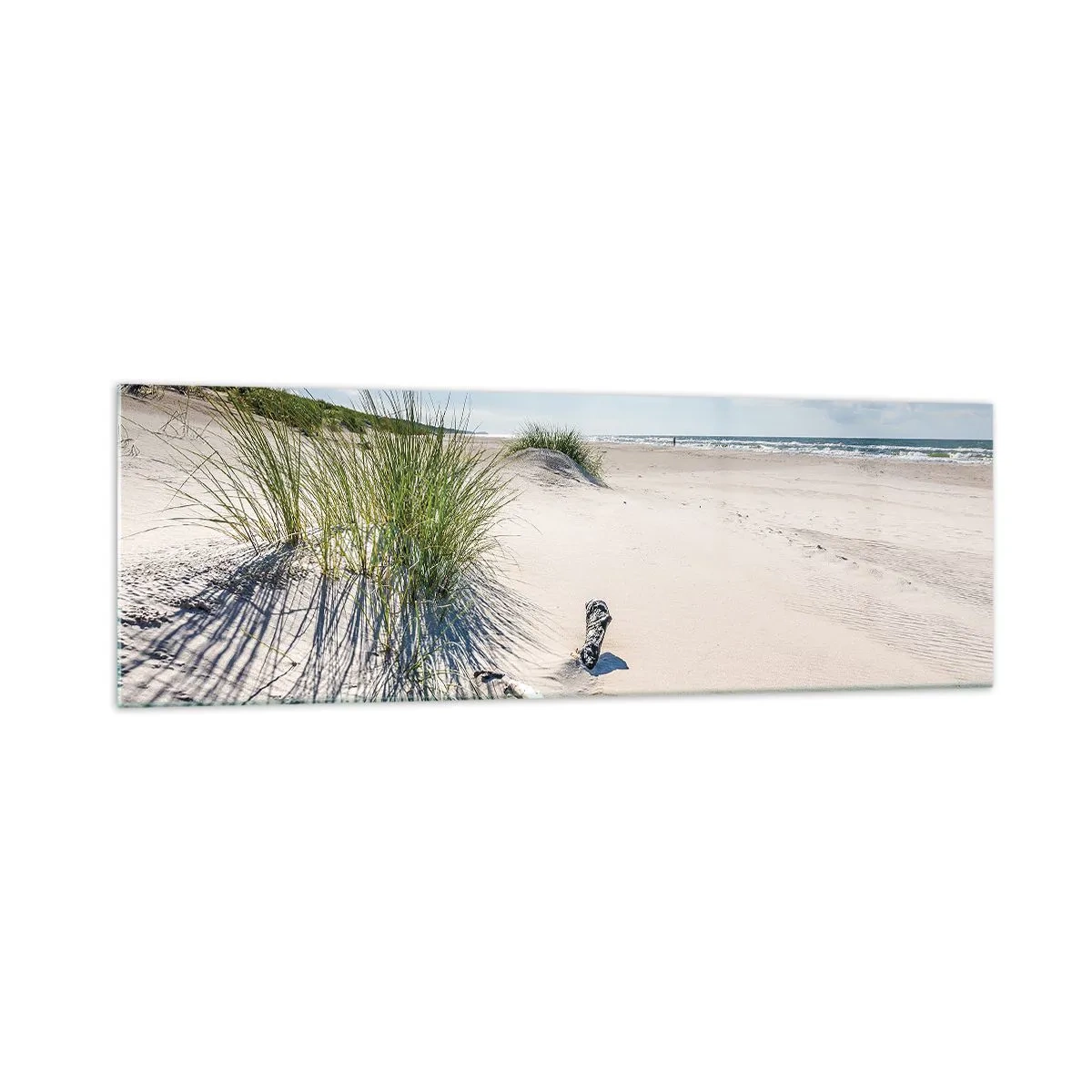 Glasbild - Bild auf glas - Ein Ostseestrand mit Sand, Gras und einem ruhigen blauen Himmel - 160x50cm - Der schönste Strand? Ostsee-Strand - Moderne Wanddekoration für Wohnzimmer und Schlafzimmer ARTTOR