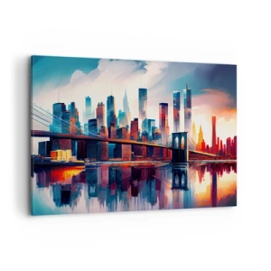 Bild auf Leinwand - Leinwandbild - New York City Panorama mit Brücke und Spiegelung im Wasser - 100x70cm - Traumhaftes New York - Moderne Wanddekoration für Wohnzimmer und Schlafzimmer ARTTOR