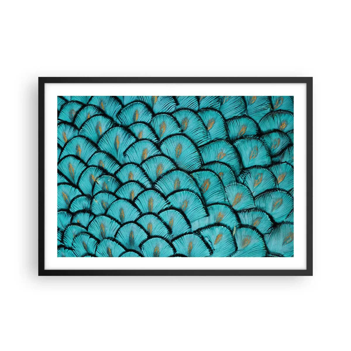Poster in einem schwarzem Rahmen - Ein Muster, das türkisfarbenen Schuppen mit goldenen Akzenten ähnelt - 70x50cm - Große Federgala - Moderne Wanddekoration für Wohnzimmer und Schlafzimmer ARTTOR