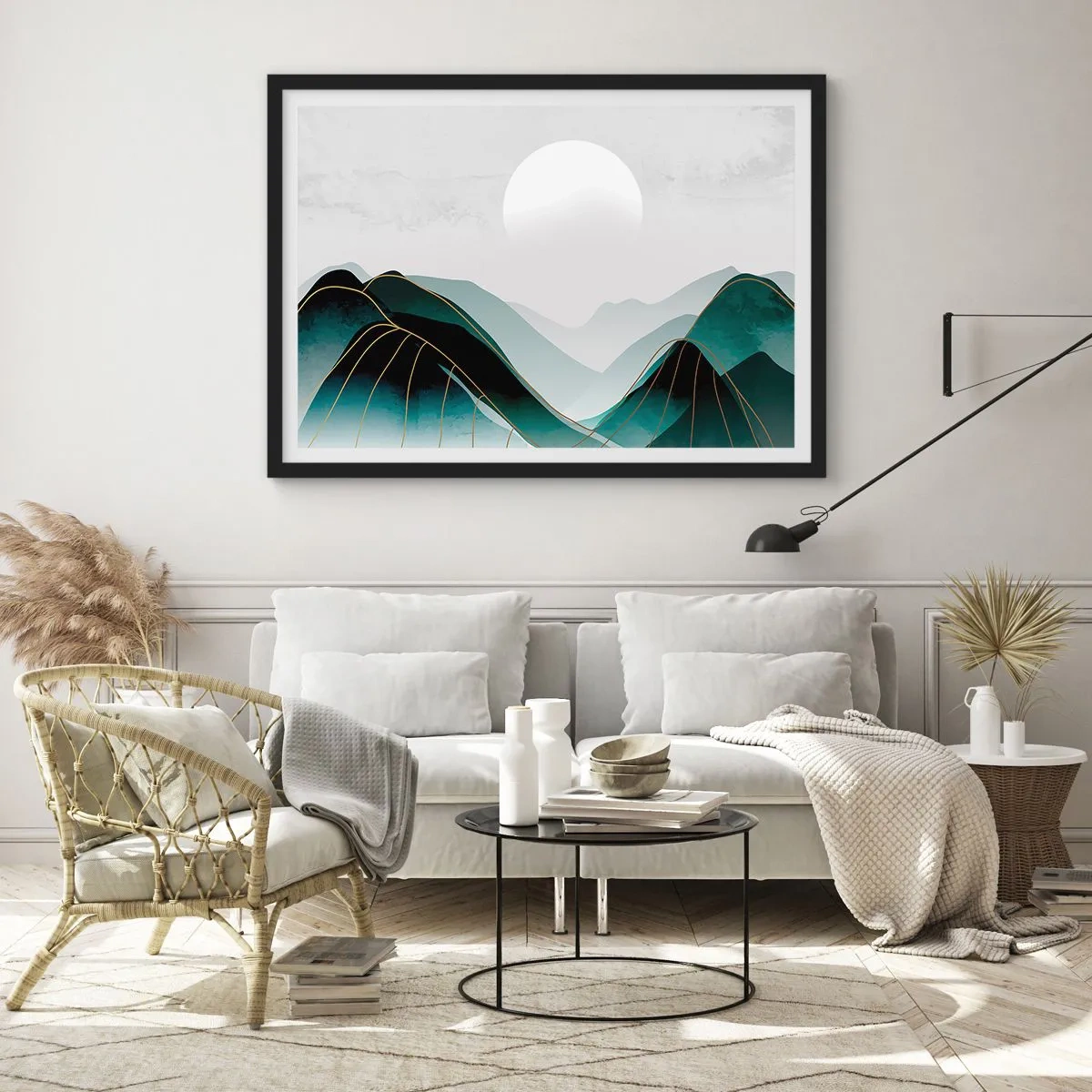 Poster in einem schwarzem Rahmen - Abstrakte Berglandschaft mit Mond und goldenen Linien - 100x70cm - In voller Majestät - Moderne Wanddekoration für Wohnzimmer und Schlafzimmer ARTTOR
