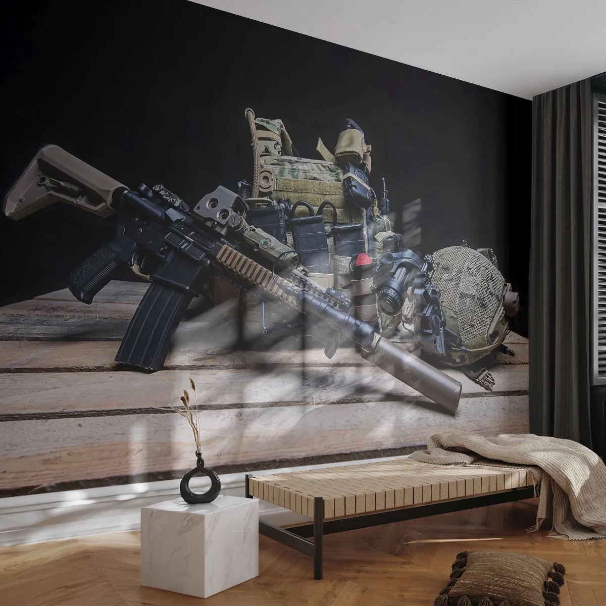 Fototapete Premium Sand - Sich ausruhen! - Militär, Gewehr, Waffe - 300x210 cm