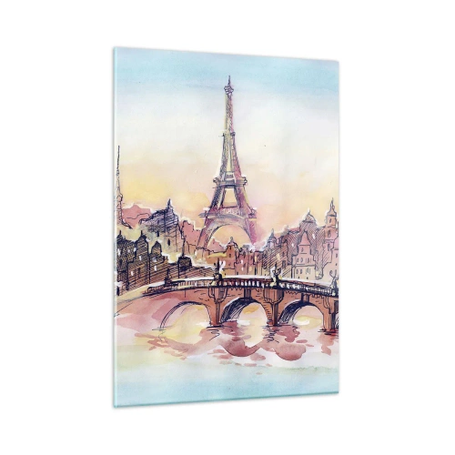 Glasbild - Bild auf glas - Ein Panorama von Paris mit dem Eiffelturm in einem zarten Aquarellstil - 50x70cm - Die einzige Stadt dieser Art auf der Welt - Moderne Wanddekoration für Wohnzimmer und Schlafzimmer ARTTOR