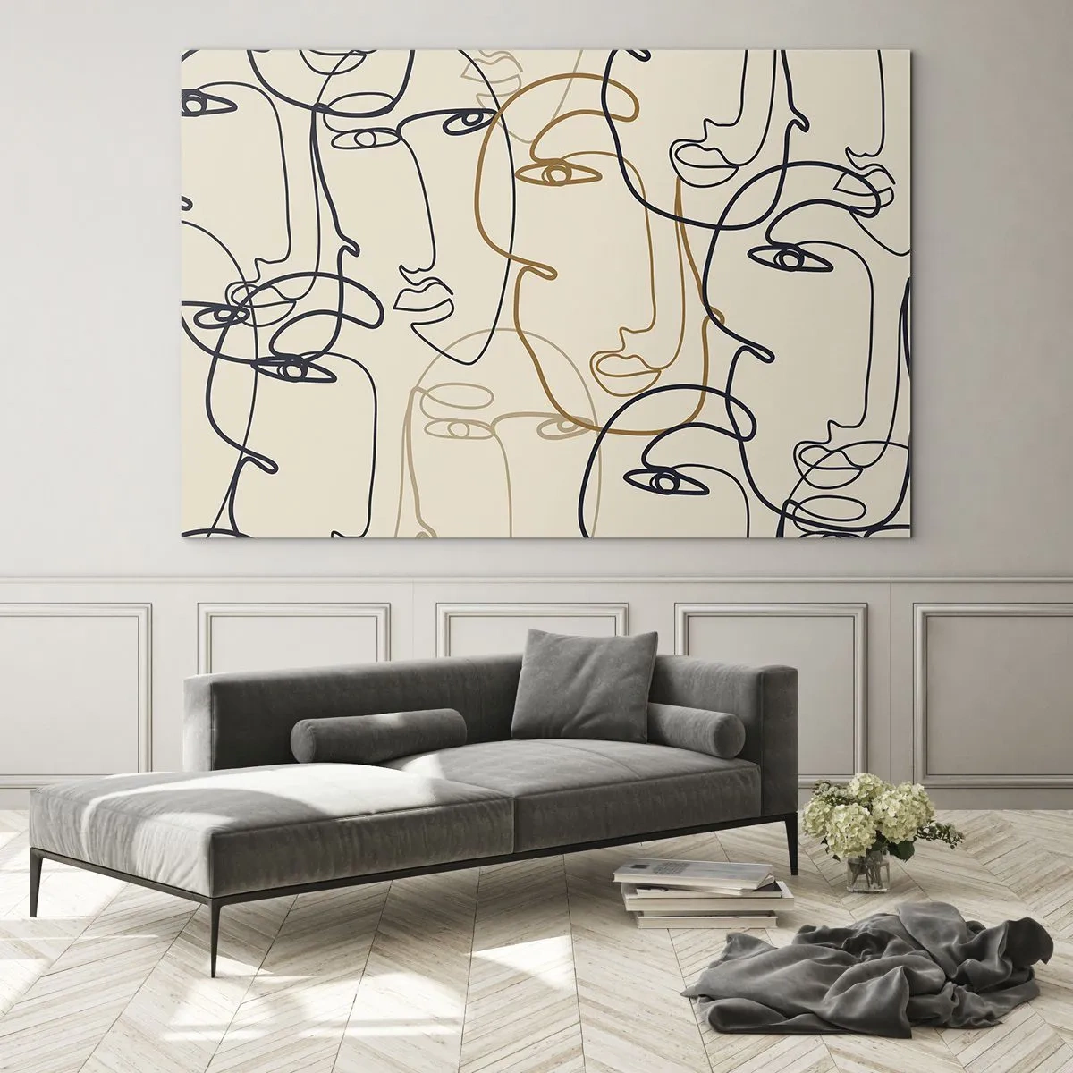 Glasbild - Bild auf glas - Konturierte Gesichter in einem Strich auf Beige gezeichnet - 70x50cm - Das Porträt wird multipliziert - Moderne Wanddekoration für Wohnzimmer und Schlafzimmer ARTTOR