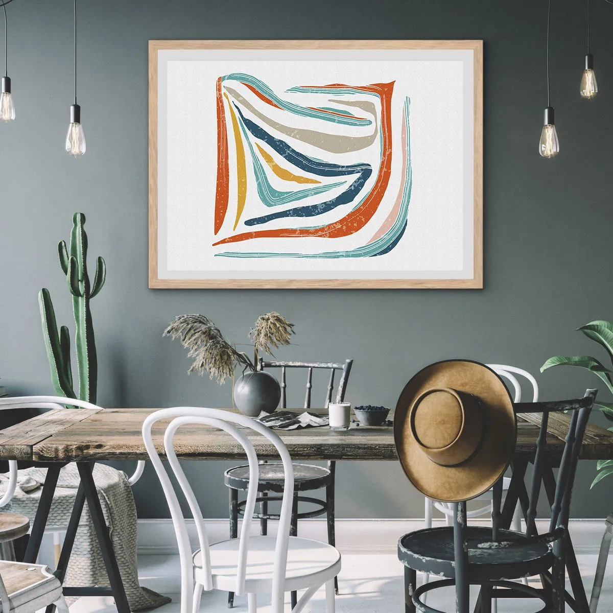 Poster in einem Rahmen aus heller Eiche - Abstraktion mit einem freundlichen Lächeln - 70x50 cm