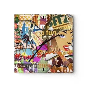 Wanduhr - Glasuhr - Eine farbenfrohe Collage mit Retro- und Pop-Art-Elementen. - 30x30cm - Sommer Rückblicke - Moderne Wanddekoration für Wohnzimmer und Schlafzimmer ARTTOR