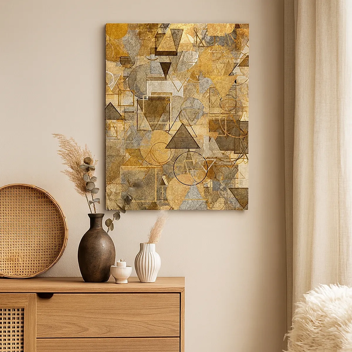 Bild auf Leinwand - Leinwandbild - Abstrakte geometrische Muster in Goldtönen - 50x70cm - Die Welt in Form - Moderne Wanddekoration für Wohnzimmer und Schlafzimmer ARTTOR