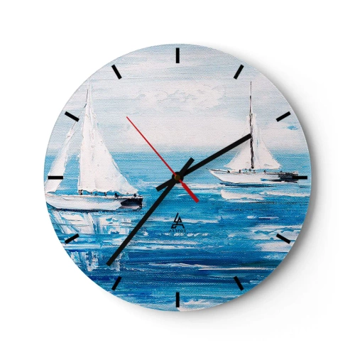 Wanduhr - Glasuhr - Weiße Segelboote auf blauem Meer im malerischen Stil - 30x30cm - Mit Freund an der Seite - Moderne Wanddekoration für Wohnzimmer, Küche und Schlafzimmer ARTTOR