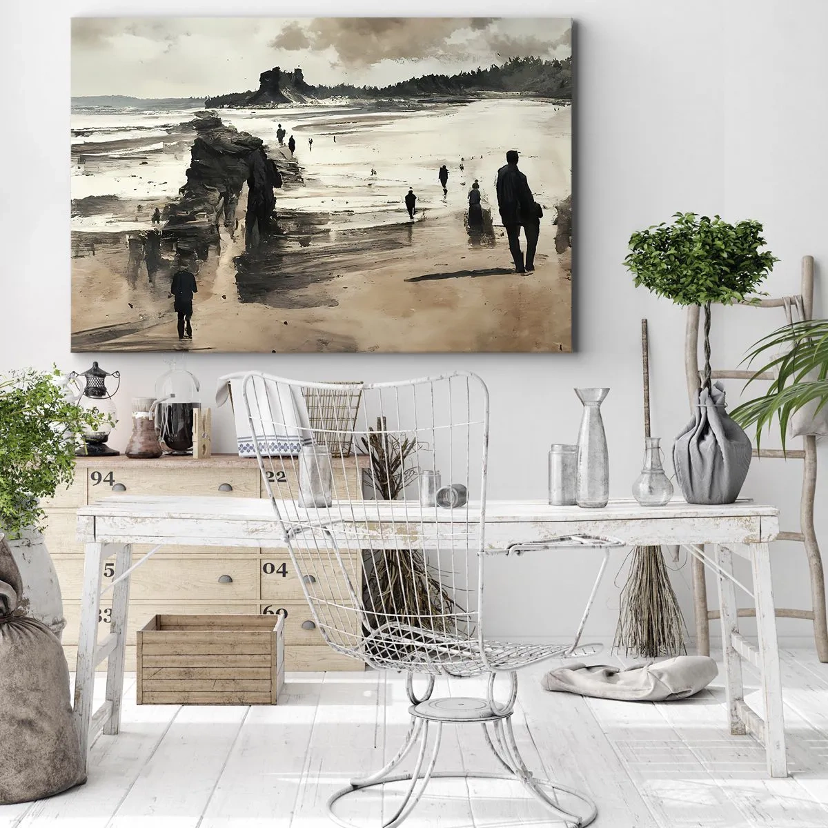 Bild auf Leinwand - Leinwandbild - Strandspaziergänger in friedlicher Landschaft - 100x70cm - Einberufen - Moderne Wanddekoration für Wohnzimmer und Schlafzimmer ARTTOR