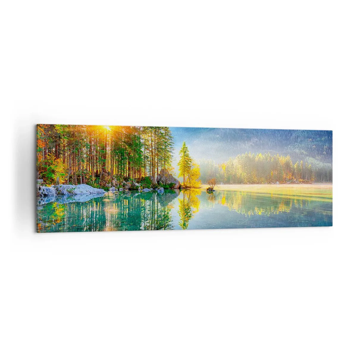Bild auf Leinwand - Leinwandbild - Ein See, umgeben von Bergen und Wäldern in den Strahlen der Sonne - 160x50cm - Majestät und Süße - Moderne Wanddekoration für Wohnzimmer und Schlafzimmer ARTTOR