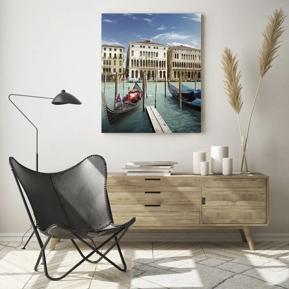 Glasbild - Bild auf glas - Venedig mit Gondeln und Palästen gegen den Himmel - 70x100cm - Paläste in Blau - Moderne Wanddekoration für Wohnzimmer und Schlafzimmer ARTTOR
