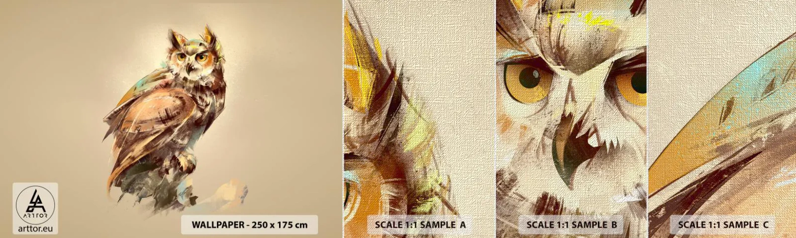 Fototapeten Muster Premium Canvas - Die klügste Eule - bestätigt den Eichenwald - Eule, Vogel, Abstraktion - 100x30 cm