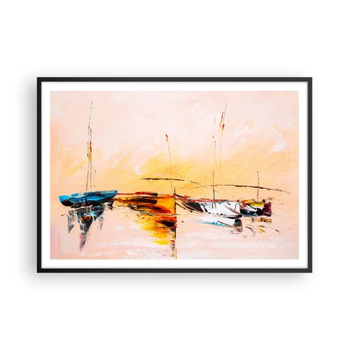 Poster in einem schwarzem Rahmen - Bunte Boote auf ruhigem Wasser bei Sonnenuntergang - 100x70cm - Abend im Yachthafen - Moderne Wanddekoration für Wohnzimmer und Schlafzimmer ARTTOR