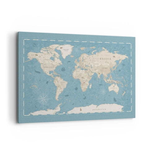 Bild auf Leinwand - Leinwandbild - Dekorative Weltkarte in Blau- und Beigetönen - 120x80cm - Die Welt liegt zum Greifen nah - Moderne Wanddekoration für Wohnzimmer und Schlafzimmer ARTTOR
